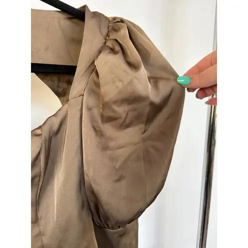 Mistress Rocks Tie Not Olive Silky Backless Corset Rave Puff Sleeve Blouse Small Brown