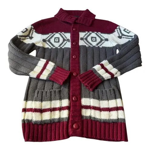 Vintage Retro Sigallo Knit Cardigan big collar, Gray, Maroon & Cream size medium Gray