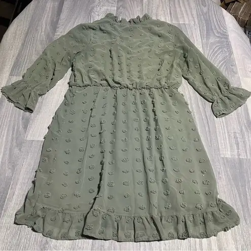 Tacera Sage Green Bubble Puff Fringe Dress; Medium Women’s