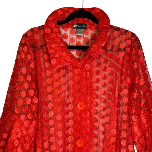 DAMEE Red Polka Dot Sheer Mesh Peplum Button Front Jacket Gray Size XL Korea