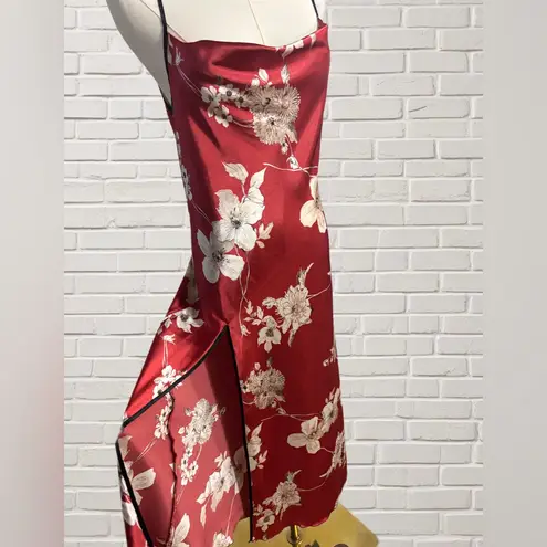 Red Floral Satin Slip Dress Long Midi Side Slit Adjustable Straps Cocktail Size M