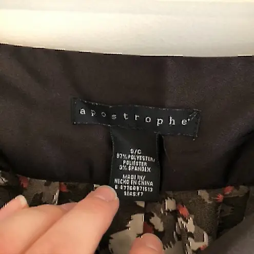 Apostrophe Brown Tan Coral Pink Floral Satin Square Neck Short Sleeve Blouse S