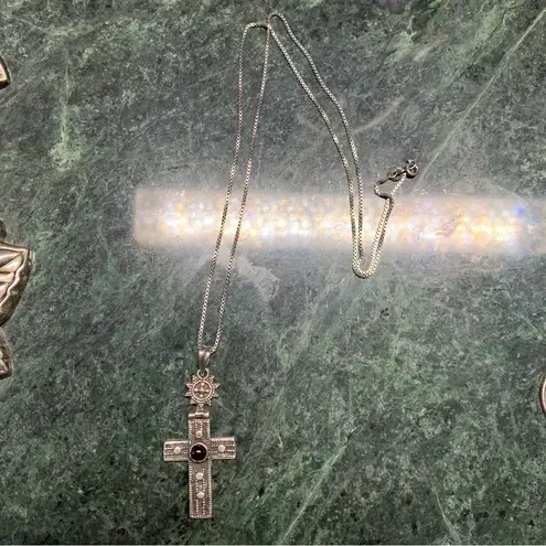 Sterling Silver Gothic Sunburst Top Cross Pendant Necklace Hinge 22” VTG garnet