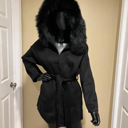 Fox Fur Winter Trench Coat Wool Jacket Parka Bomber Fall Jacket Warm Cardigan Black Size M