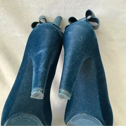 Melissa INCENSE LACO BLUE TEAL FLOCKED VELVET HEELS WITH BOW WITH DUST BAG SZ 7