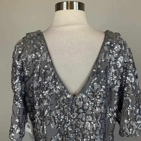 Alex Evenings Sequined Cocktail Dress Size 14W Silver Short Sleeve V-Neck Sheath - Image 6