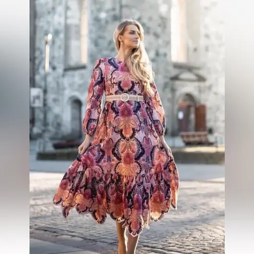 Zimmermann Laurel Billow Embroidered Linen Midi Dress Navy Baroque Floral 1 AU