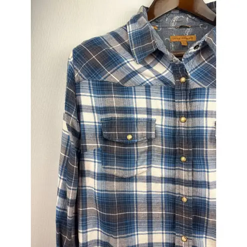 Women’s Jach’s Girlfriend Large Blue & White Plaid Flannel with Snap Buttons