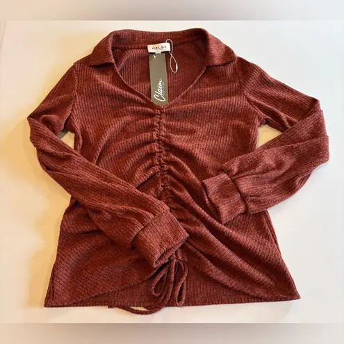 GILLI Women’s Collared Long Sleeve Brown Top with Gathered Front‎ Detail Small