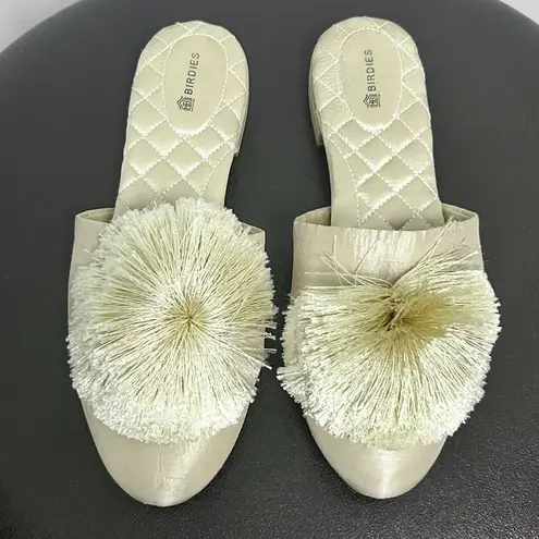Birdies Champagne Pale Gold Dupioni Satin Pom Poms Songbird Slip On Mules 8.5