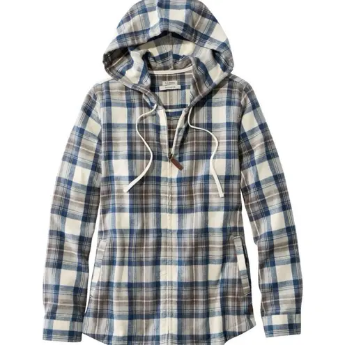 LL Bean Blue Ivory Scotch Plaid Zip Up Flannel Hoodie Pockets Shirt XL PETITE Size undefined