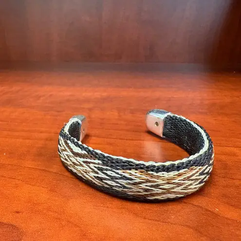 Woven Cuff Bracelet Silver Tone Ends Southwestern Boho Western Style Black