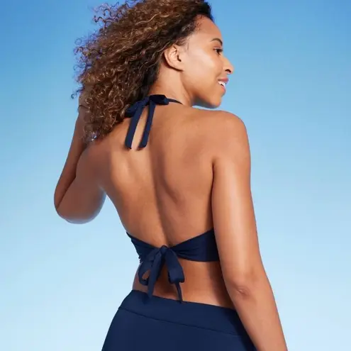 Kona Sol Bikini Top Triangle Bralette Faux Wrap Halter Navy Blue S