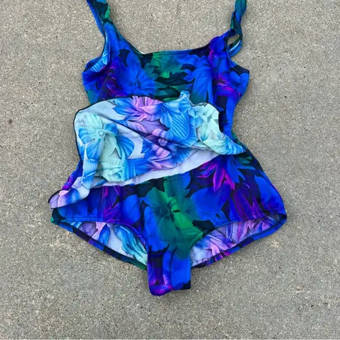 Jantzen Vintage blue tropical floral faux wrap skirt one piece swimsuit