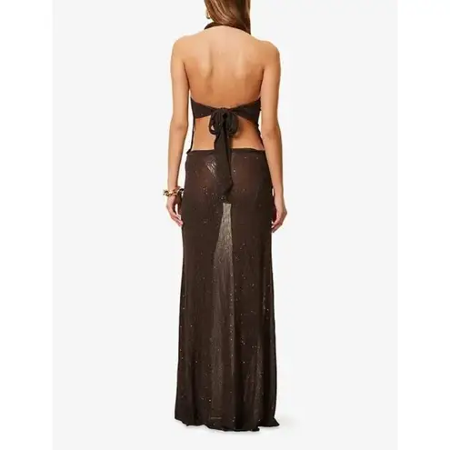 Jaded London Knitted Trim Plunge Dress in Brown 4 New Womens Maxi Gown