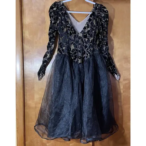 Handmade Vtg 80s Black Gold Burnout Velvet Floral Formal Dress Size S/M Gothic Glam Witch