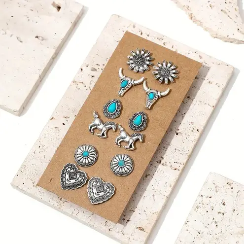 6 Pairs Vintage Western Turquoise Earrings Set – Boho Chic Jewelry, heart, horse