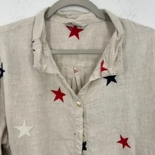 John Mark Embroidered Star Button Down Top Beige Red Navy Womens XL Patriotic Tan