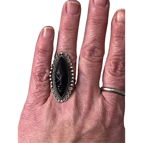 Taxco Mexican Mask 925 Sterling Silver Aztec Mayan Inca Face Tribal Large Ring Black
