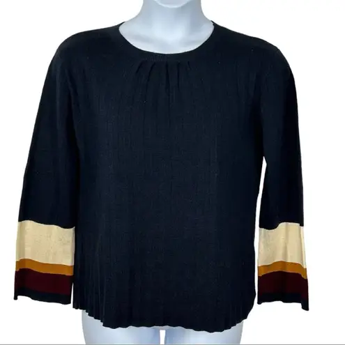 CLICHÉ Navy Wool Blend Sweater Small | Trendy Pleated Bell Sleeve Pullover Blue