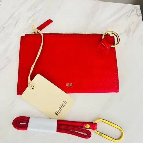 HOBO Tour Leather Zip Pouch Bag, Wristlet, with Lanyard, Red/Gold, NWT Red