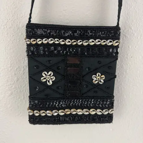 Vintage 90s Black Cloth Beaded Seashell Art Deco Small Crossbody Bag Purse