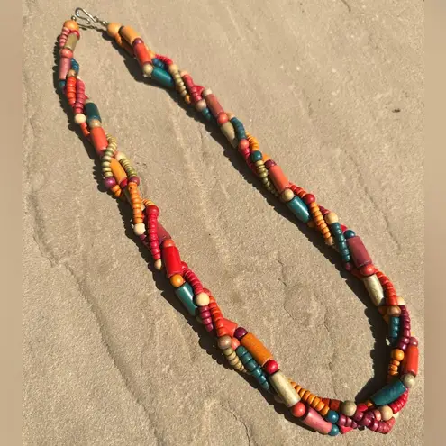 Vintage Colorful Wooden Beaded Twist
Statement Necklace Rainbow Y2K Handmade