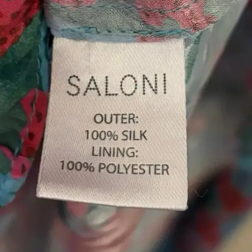 Saloni 100% Silk Blue Pink Lea Floral Print Altrd Maxi Dress Size US 14 UK 18