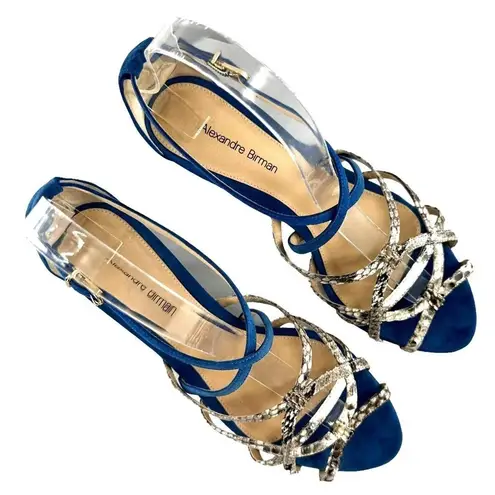 Alexandre Birman Blue Nubuck Leather and Snakeskin Wedge Heel Sandals Size 36.5