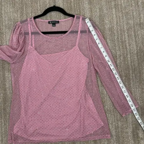 INC Barbie Glitter Dot Mesh Sparkle Sheer Camisole Pink 3/4 Sleeve Top Large