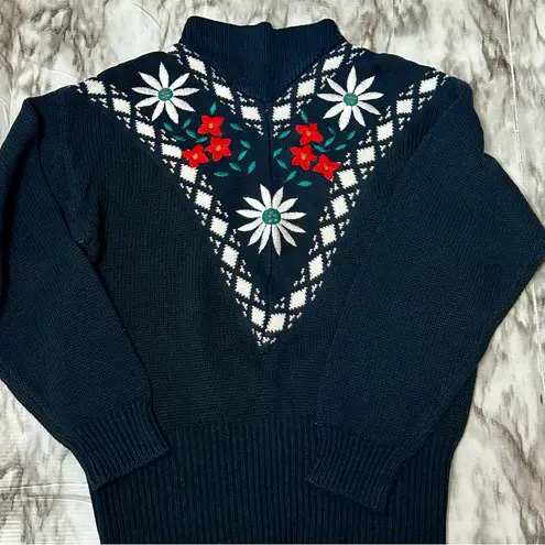 Elegant Navy Floral Women's Funnel Neck Sweater Embroidered Vintage Holiday Black