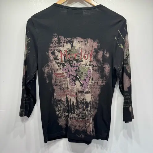 Rhinestone Merlot Wine Napa Valley Motif on Black 100% Cotton 3/4 Sleeve Top Size L