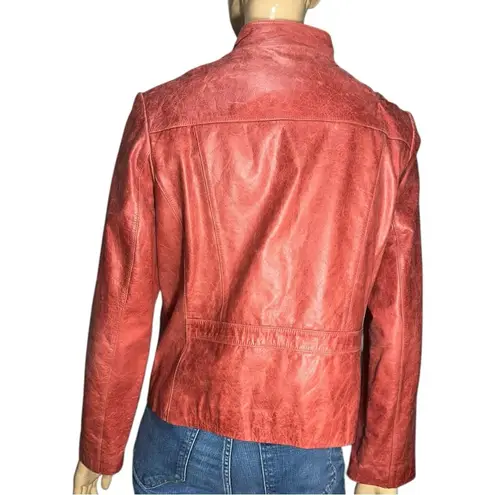 Pasha & Jo Women’s Size L Red Burgundy Distressed Leather Zip Up Jacket Size L