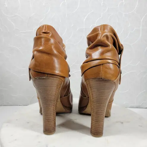 Facade Zena Ankle Boots Womens 10 Brown Leather Gathered Snap Platform Heeled Tan