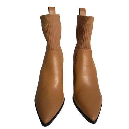 Open Edit Tan Faux Leather Sock Booties Pointed Toe Block Heel Boots Size 8M