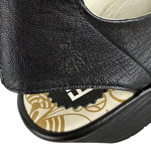 Fly London Yala Open Toe Wedge Sandals Black Sz 40EU 9-9.5US Platform Leather