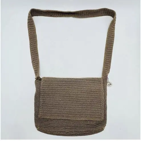 The Sak Crochet Purse Crossbody Shoulder Large Bag Beige Brown HandBag 10" X 13"