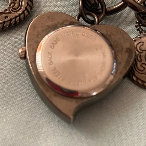 Vintage Heavy Dark Silver Tone Metal 7.5” Charm Bracelet Hearts Goth Watch READ Brown