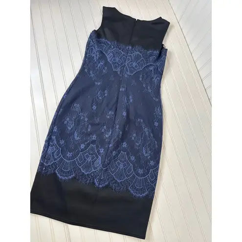 Tadashi Shoji Neoprene Navy & Black Metallic Sheath Cocktail Party Midi Size 8