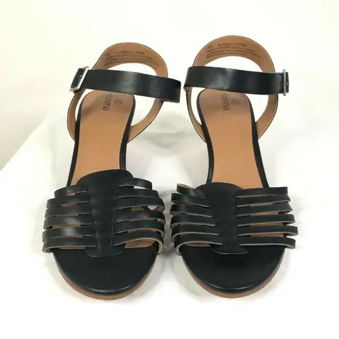 Susina Sandals Wedge Heel Strappy Leather Ankle Strap Black Size 9