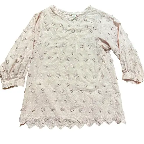 Romantic Pink Floral Appliqué Blouse Cottagecore Vibes Whimsical Scalloped Sz S