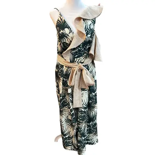 PatBo Plunge Neckline Green Tropical Palm Print One Shoulder Jumpsuit SZ 8 NWT