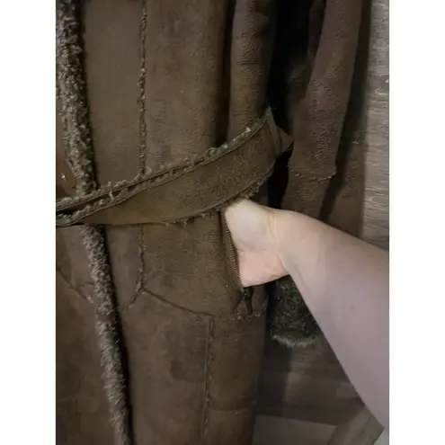 Penny Lane Coat Sz Large Colar Fur Vintage suede boho tribal Brown long trench thumbnail 6