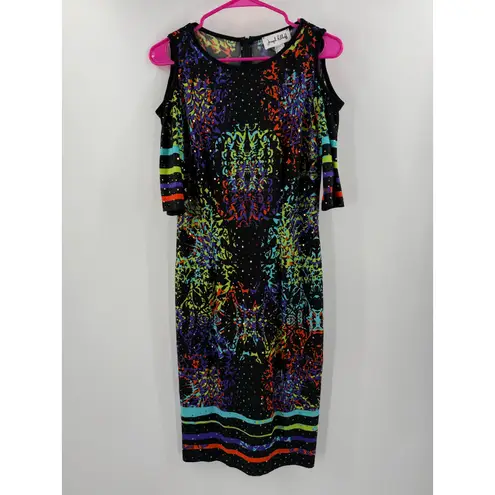 Joseph Ribkoff Dress SZ 10 Black Cold Shoulder Multi Sheath Knee Length Bodycon