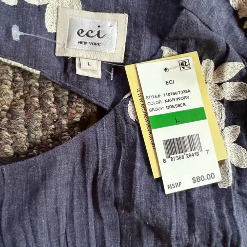 ECI NEW New York Boho Shift Dress 3/4 Sleeve Floral Embroidered Blue Large