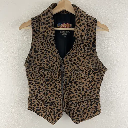 Easy Riders Vintage 90s Tan Black Suede Leather Cheetah Print V Neck Zip Up Biker Vest Top