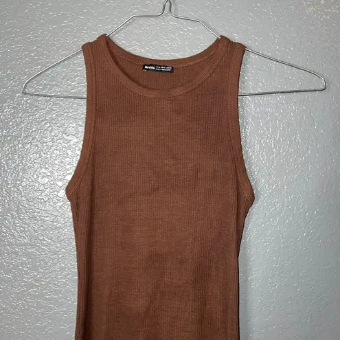 Bershka Brown Ribbed Sleeveless Bodycon Mini Dress - Size Small