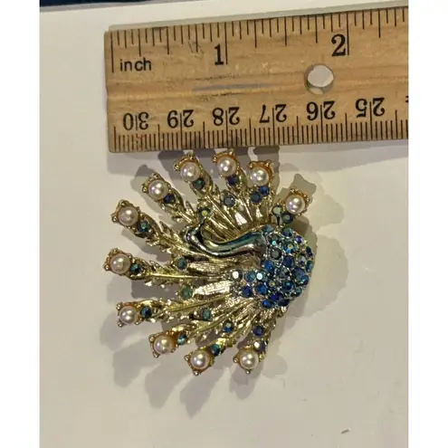 Vintage Peacock Brooch Pin Faux Pearls Blue AB Rhinestones & Enamel Gold