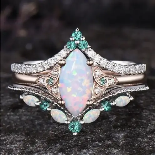 Opal & Crystal Marquise Ring Set Women’s Size 6 Vintage Inspired NWT White