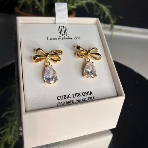 House of Harlow 1960 Gold Bow Cubic Zirconia Drop Earrings NWT Gift Boxed